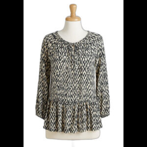 Elsie & Zoey Women's M/L Black Cream Ikat Print Tunic Top Boho Peasant Ruffle